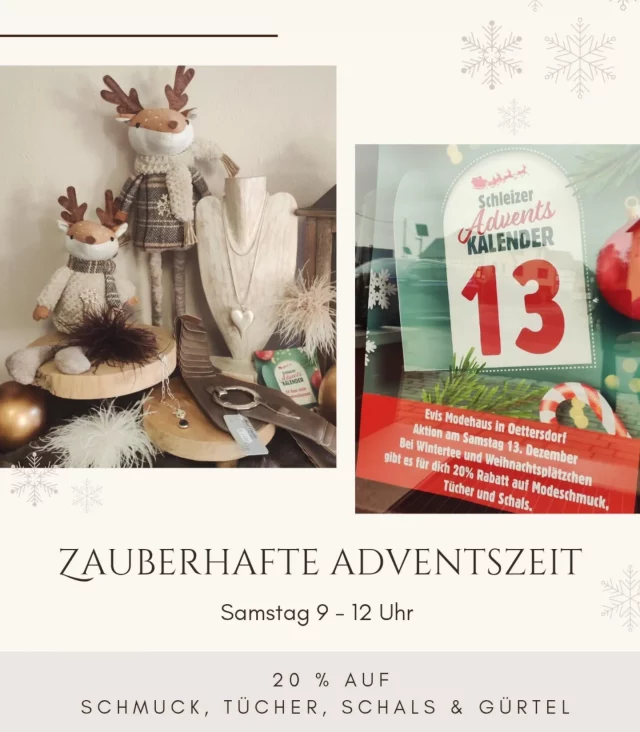 Türchen Nummer 13 🎄🧑🏼‍🎄🦌Wir laden euch herzlich ein zum Schleizer Adventskalender. Von 9 - 12 Uhr könnt ihr am Samstag bei Wintertee 🍵 und Weihnachtsplätzchen 🍪 entspannt durch das Geschäft bummeln.
Als kleines Geschenk 🎁 für unsere Kunden gibt es 20% auf Schals, Tücher, Modeschmuck und Gürtel.
.
.
#adventskalendertürchen
#adventszeit
#einzelhandel
#heimatshoppen
#shoplocal #modeschmuck #schleiz #badlobenstein #pößneck #neustadtorla #auma #triptis #gera #greiz #pausa #zeulenroda #langenwolschendorf #mühltroff #hohenwarte #wurzbach #remptendorf #geschenkidee #thüringenentdecken #jena #ziegenrück #weischlitz