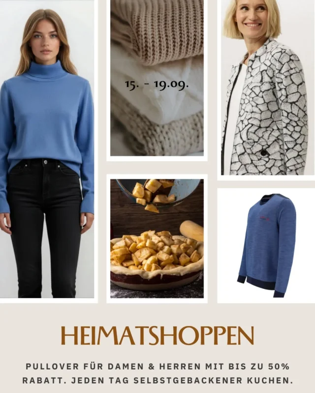 Einladung zum Heimatshoppen 🍂

Di - Fr 10-18 Uhr 
Sa 9-12 Uhr 

Bis zu 50% Rabatt auf Pullover für Damen und Herren. 🛍

Jeden Tag gibt es selbstgebackenen Kuchen.🍰

#heimatshoppen #neustadtorla #auma #schleiz #zeulenroda